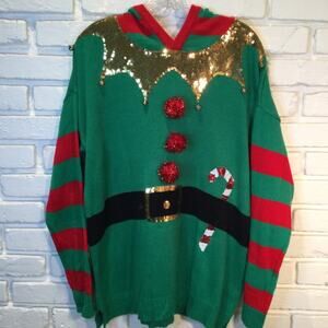 Ugly Christmas Sweater With Elf Ears hood L